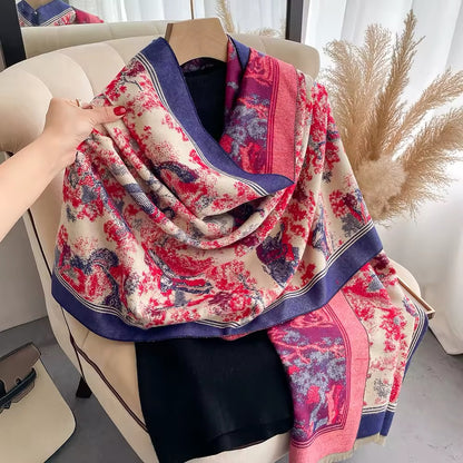 Luxury Women Floral Cashmere Touch Flower Scarf - Warm Fringe Shawl
