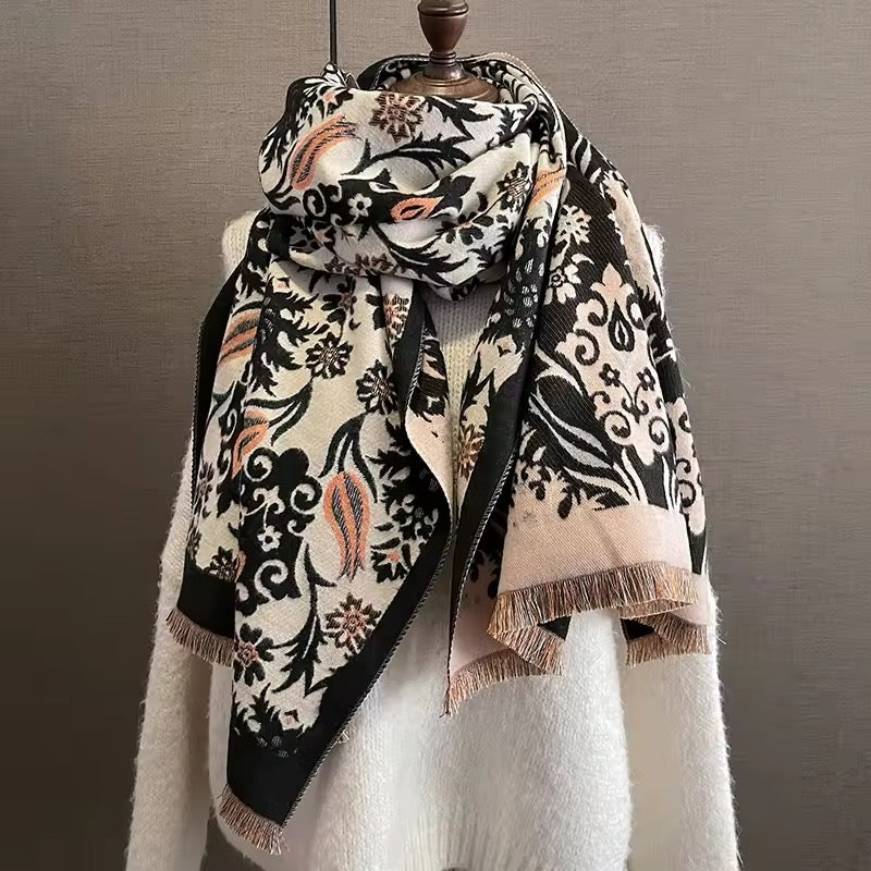 Luxury Women Classic Pashmina Double Sided Cashmere Touch Scarf - Warm Fringe Women Floral Shawl