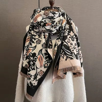 Luxury Women Classic Pashmina Double Sided Cashmere Touch Scarf - Warm Fringe Women Floral Shawl