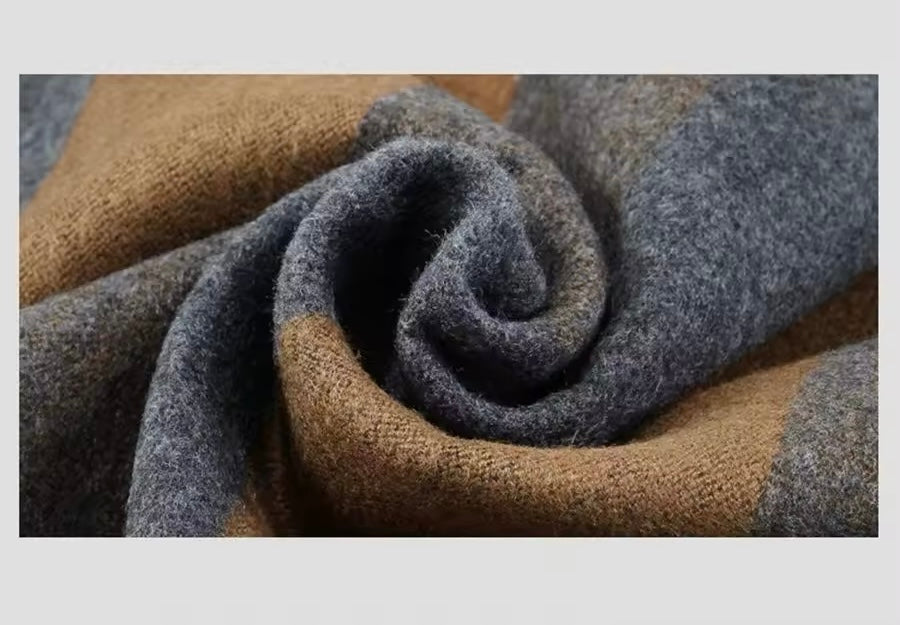 Men & Women Checked Pattern Cashmere Touch Scarf - Warm Fringe Shawl