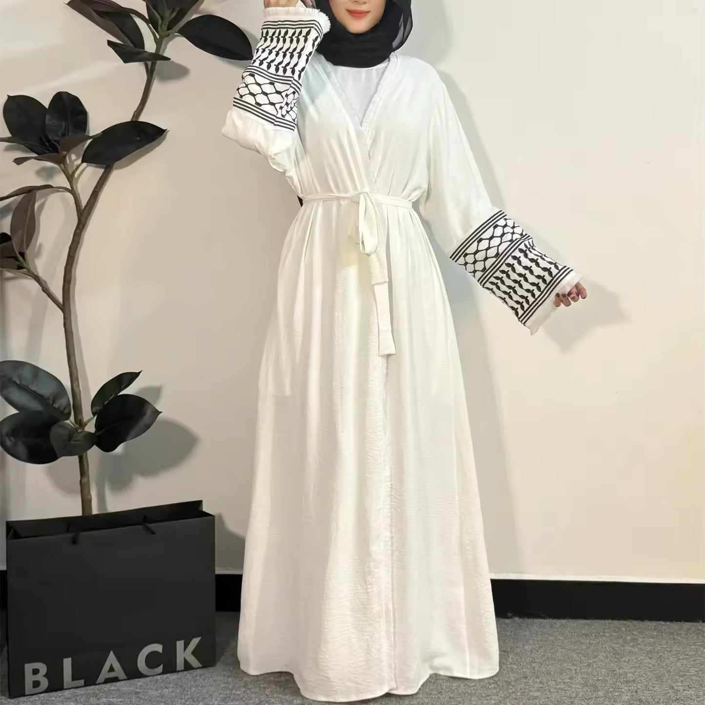 Open Front Women Split Abaya Long Sleeve Cardigan Tassel Embroidery Out Kaftans Open Front