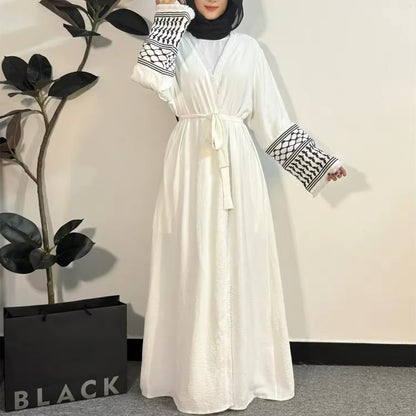 Open Front Women Split Abaya Long Sleeve Cardigan Tassel Embroidery Out Kaftans Open Front