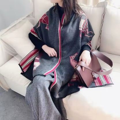 Luxury Women Limited Edition Horse Design Cashmere Touch Scarf - Warm Fringe Shawl