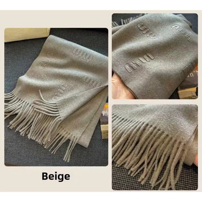 Women & Men Wool Scarf Embossed Simple Warm Muffler Cashmere Thick Fringed Shawl Women Woollen