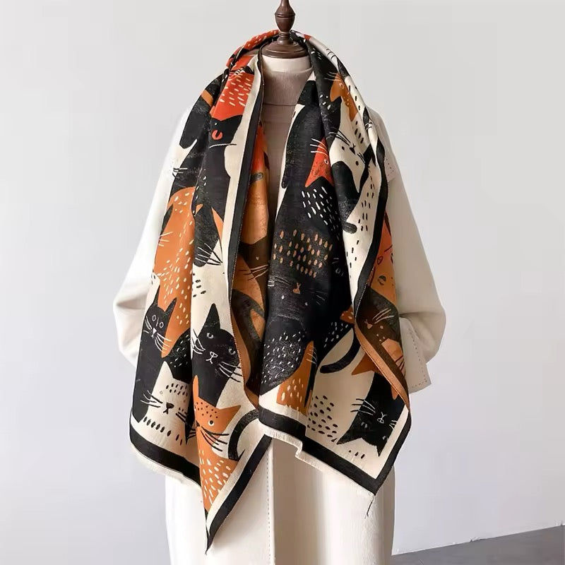 Cat Print Scarf Thickened Warm Cashmere Double Sided Luxury Shawl Women Allure