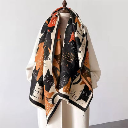 Cat Print Scarf Thickened Warm Cashmere Double Sided Luxury Shawl Women Allure