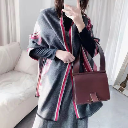 Luxury Women Limited Edition Horse Design Cashmere Touch Scarf - Warm Fringe Shawl