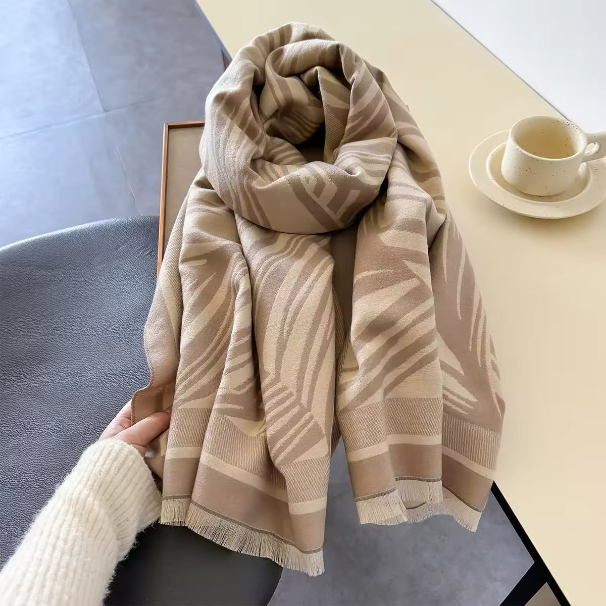 Luxury Women Floral Cashmere Touch Leaves Print Scarf - Warm Fringe Shawl