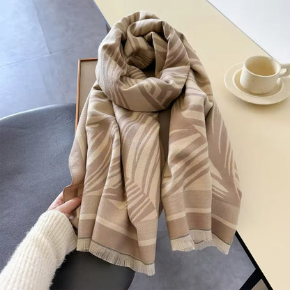 Luxury Women Floral Cashmere Touch Leaves Print Scarf - Warm Fringe Shawl