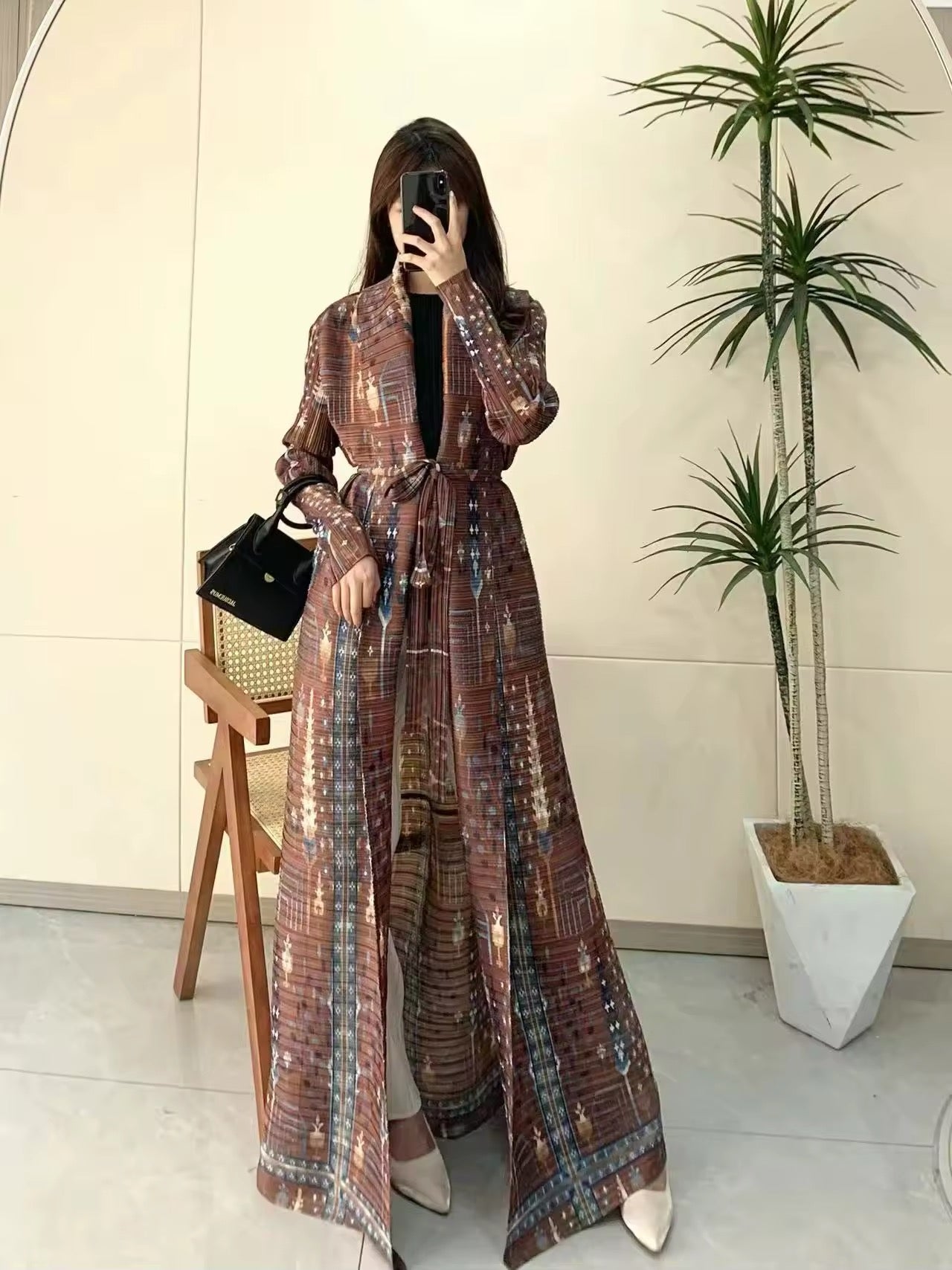 Women Split Abaya Vintage Printed Design Lapel Long Sleeved Open Front Cardigan Loose Big Collar