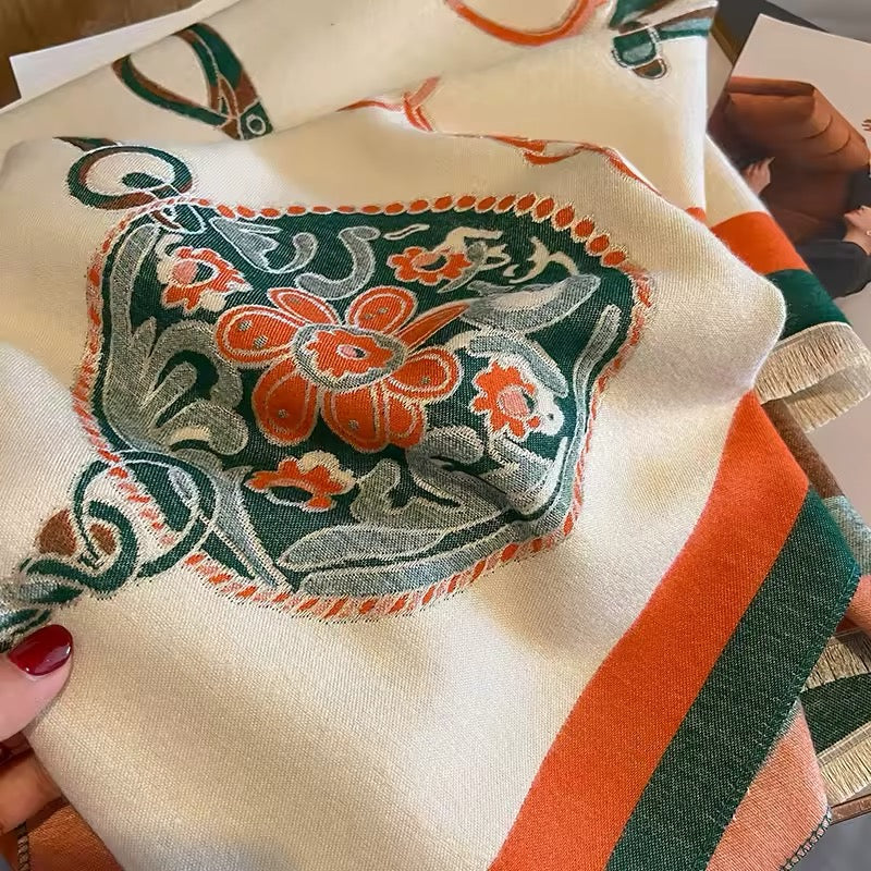 Luxury Women Limited Edition Horse Design Cashmere Touch Scarf - Warm Fringe Shawl