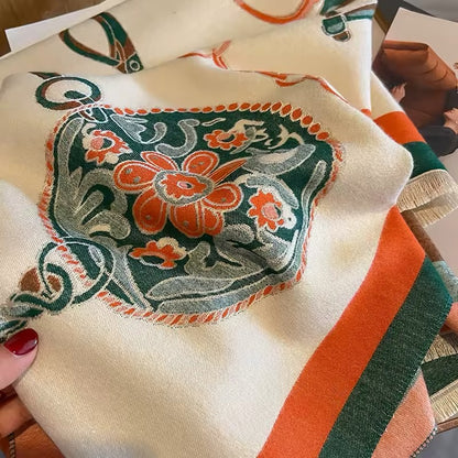 Luxury Women Limited Edition Horse Design Cashmere Touch Scarf - Warm Fringe Shawl