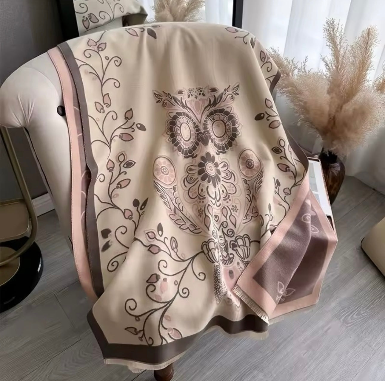 Luxury Women Floral Cashmere Touch Flower Scarf - Warm Fringe Shawl