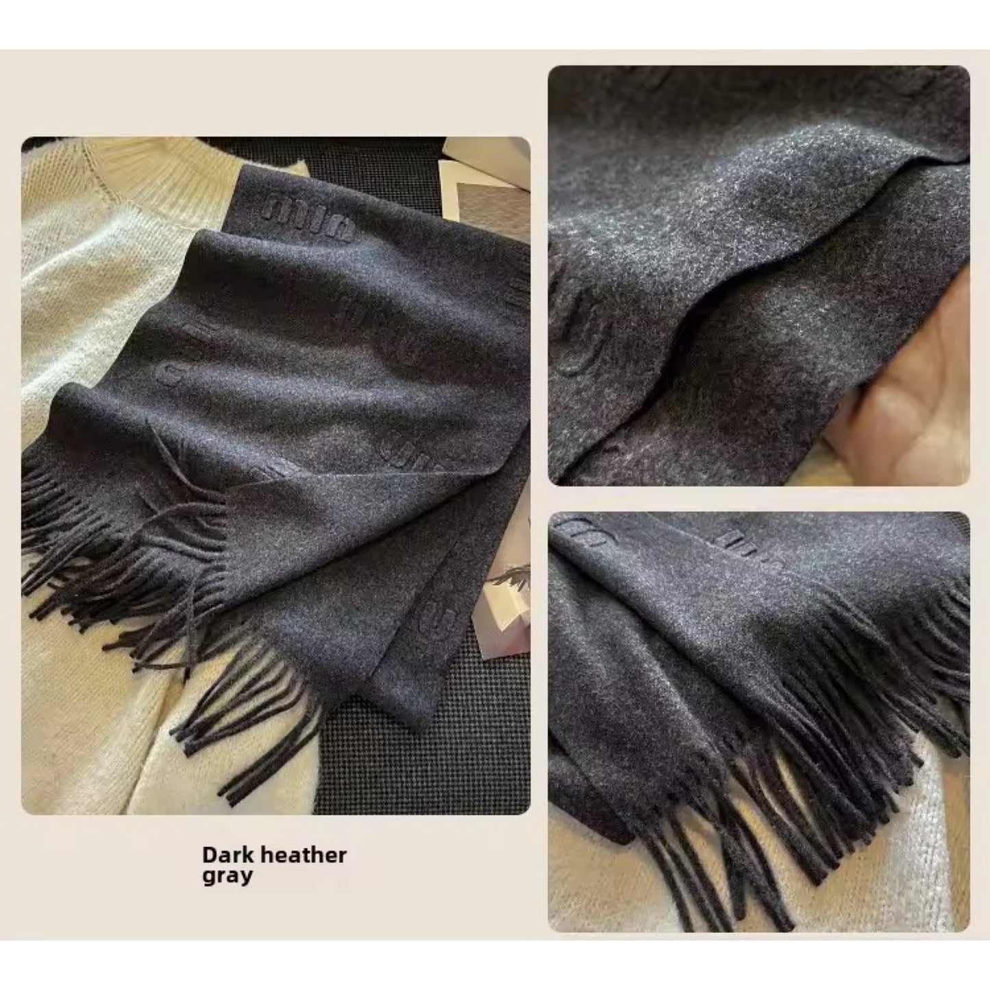 Women & Men Wool Scarf Embossed Simple Warm Muffler Cashmere Thick Fringed Shawl Women Woollen