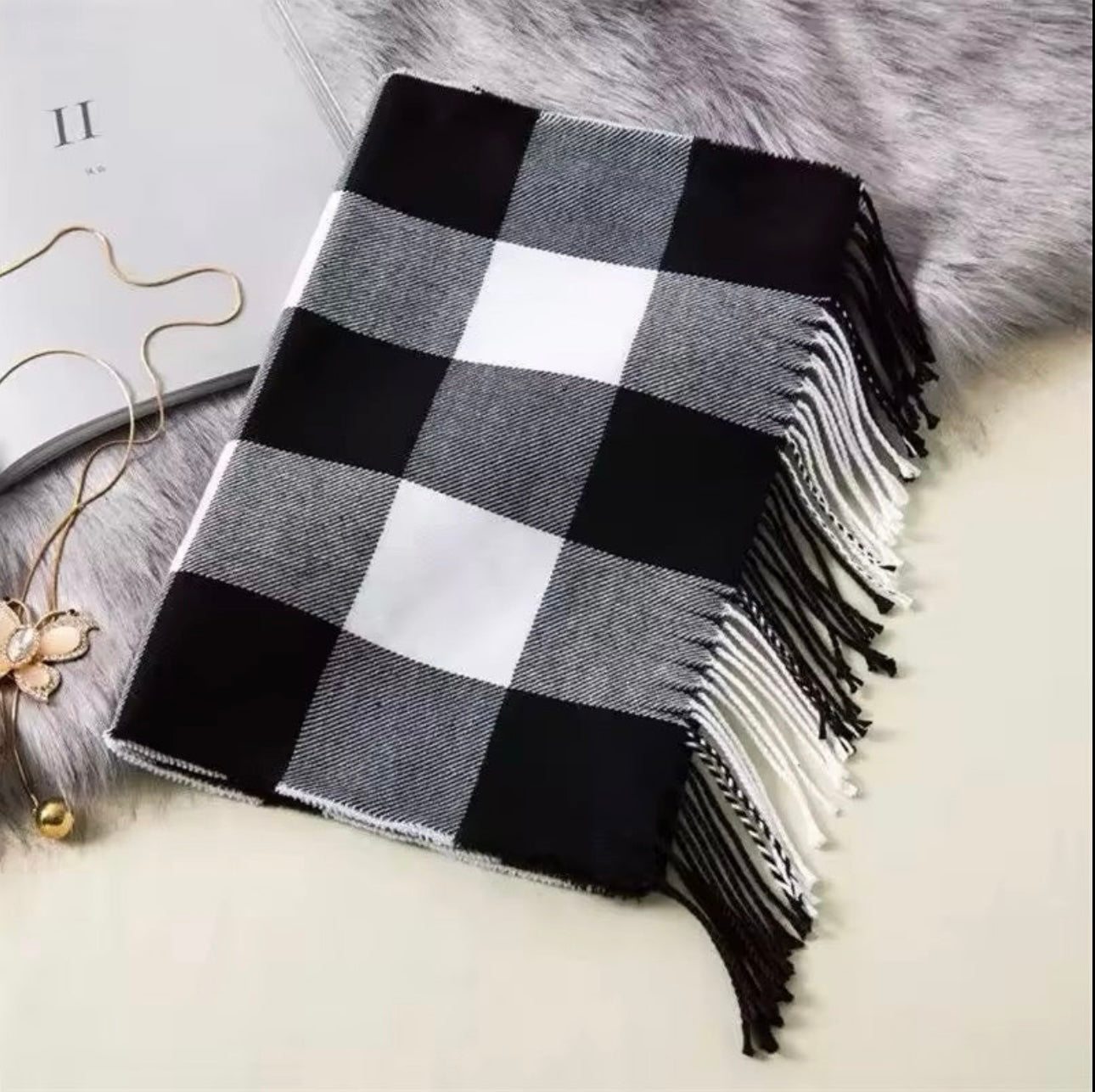 Men &  Women Checked Pattern Cashmere Touch Scarf - Warm Fringe Shawl