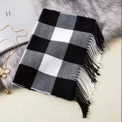 Men &  Women Checked Pattern Cashmere Touch Scarf - Warm Fringe Shawl
