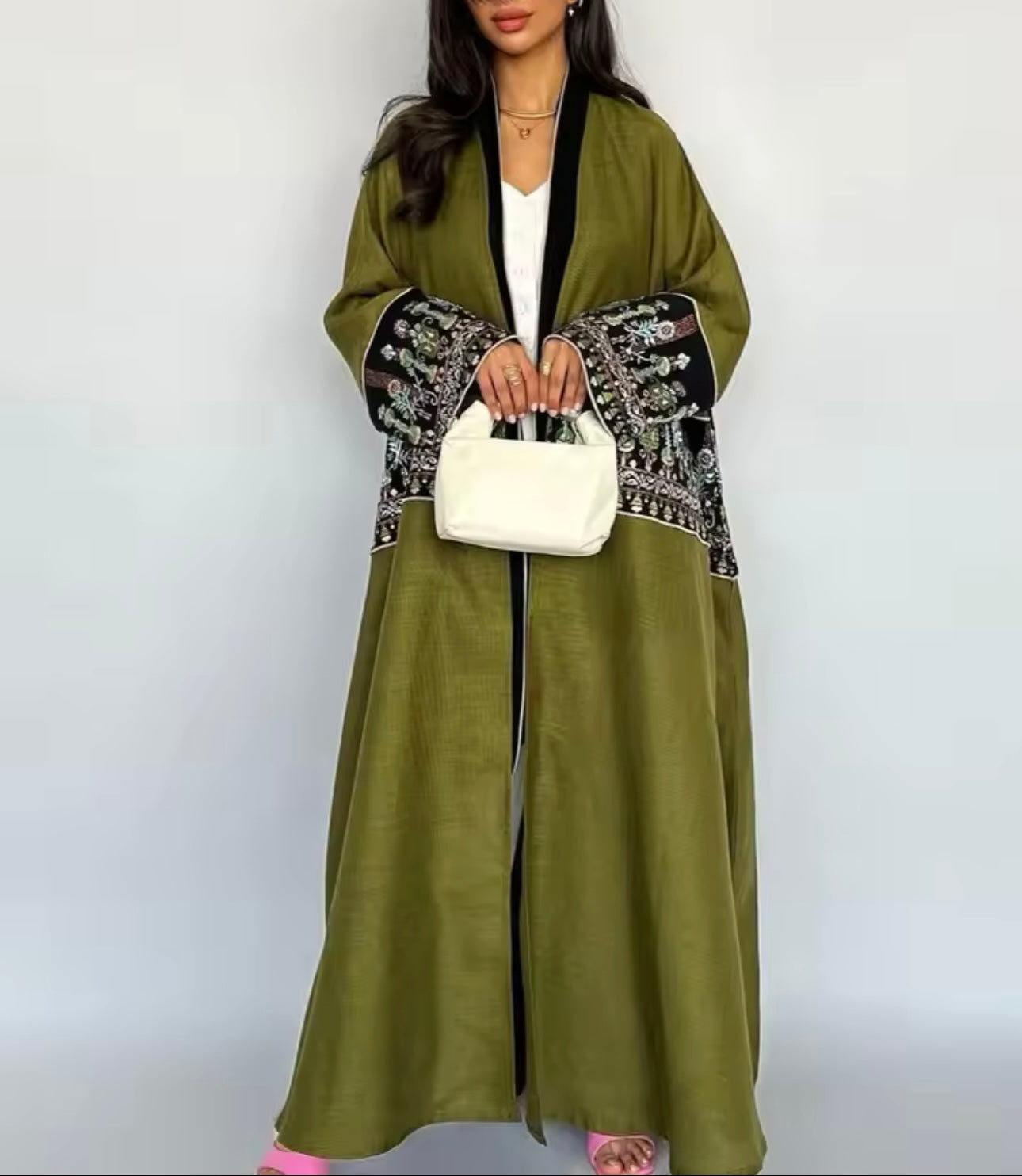 Women Split Abaya Long Open Front Embroidery Robe Kaftan Modest Cardigan
