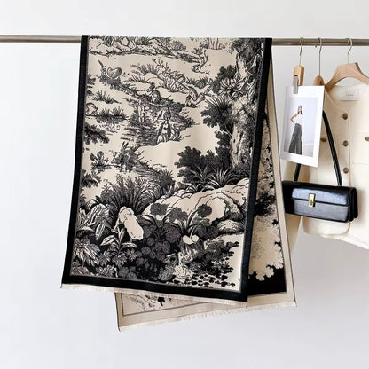 Luxury Women Floral Cashmere Touch Landscape Scarf - Warm Fringe Shawl