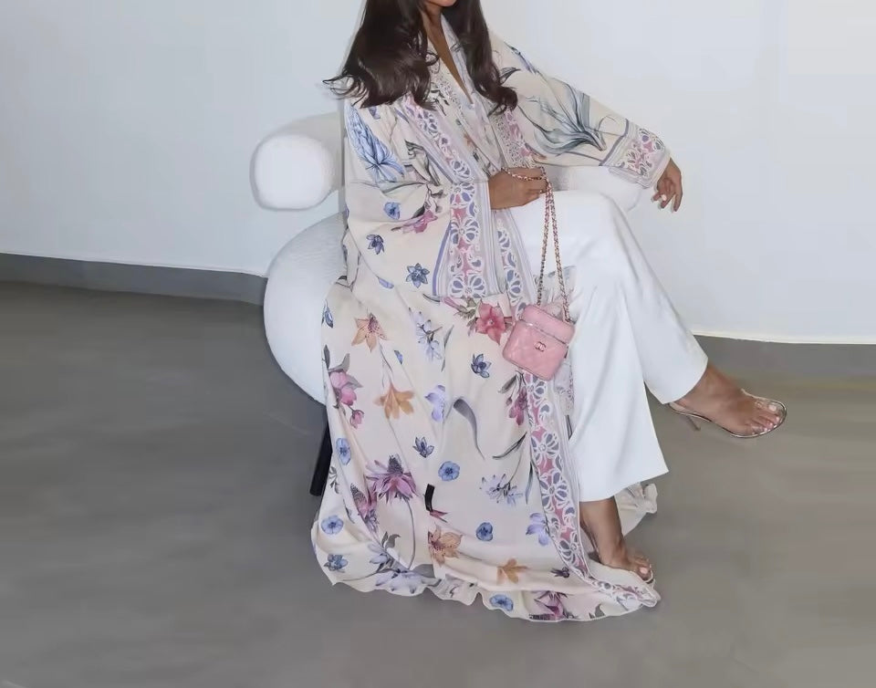 Women Split Abaya Open Front Kaftan Arab Long Robe