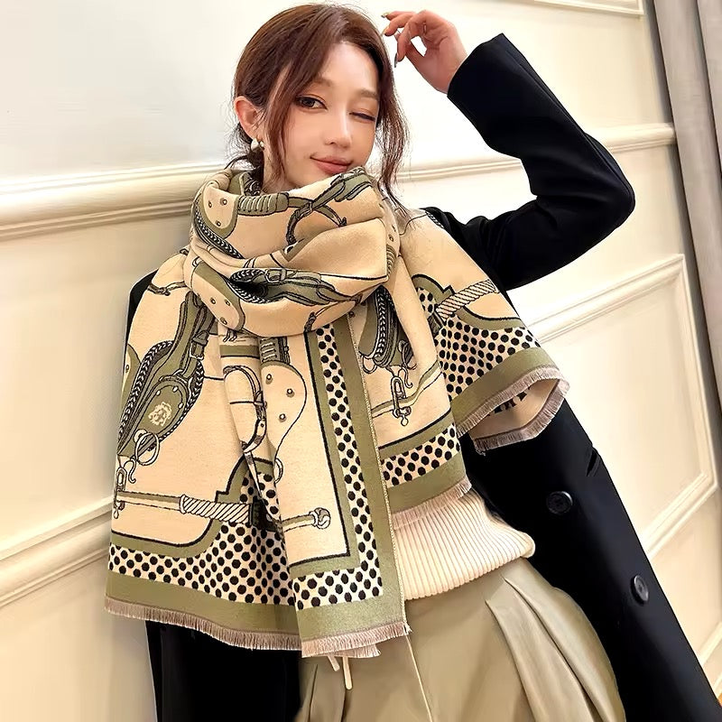 Luxury Women Limited Edition Horse Design Cashmere Touch Scarf - Warm Fringe Shawl