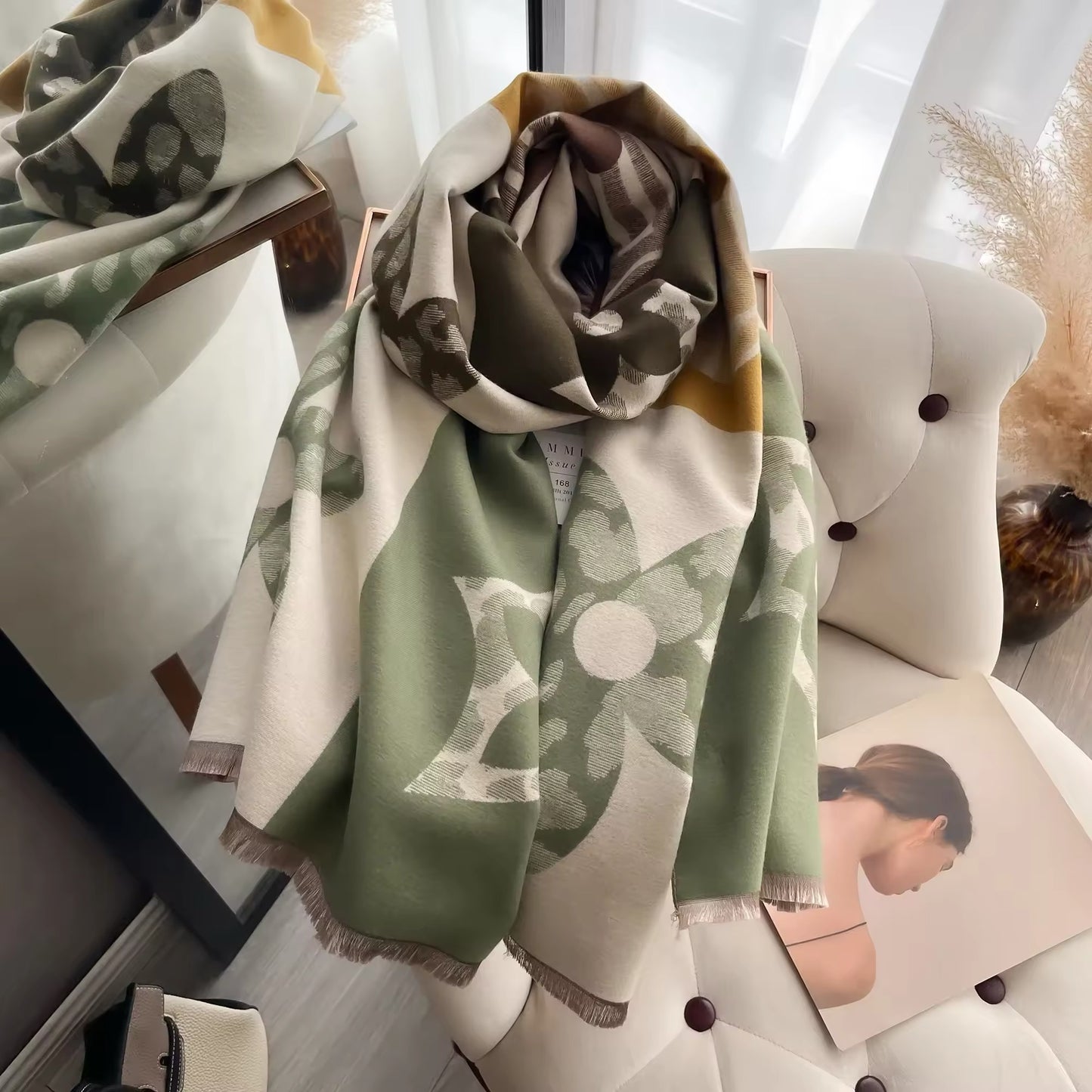 Luxury Women Floral Cashmere Touch Flower Scarf - Warm Fringe Shawl