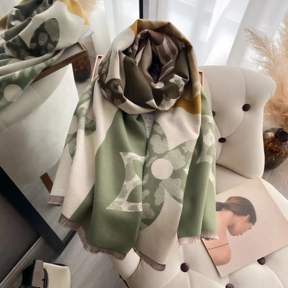 Luxury Women Floral Cashmere Touch Flower Scarf - Warm Fringe Shawl