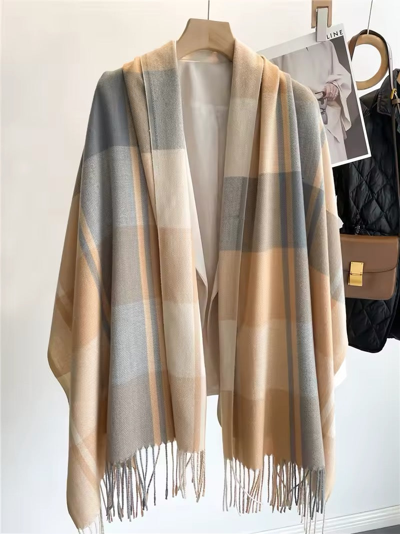 Men & Women Checked Pattern Cashmere Touch Scarf - Warm Fringe Shawl