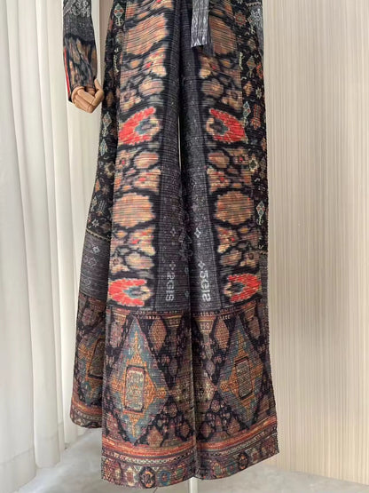 Women Split Abaya Vintage Printed Design Lapel Long Sleeved Open Front Cardigan Loose Big Collar