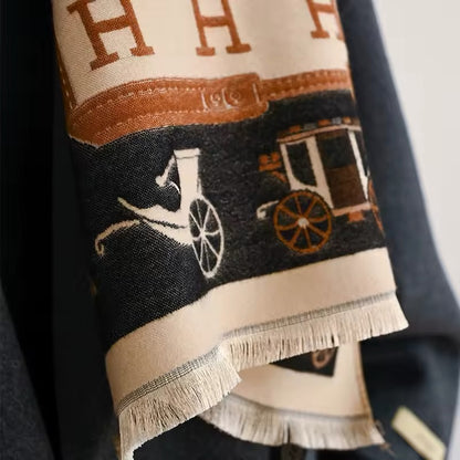 Luxury Women Limited Edition Horse Design Cashmere Touch Scarf - Warm Fringe Shawl