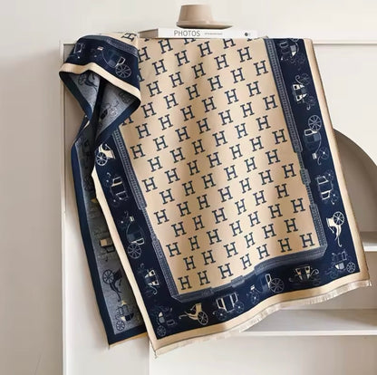 Luxury Women Limited Edition Horse Design Cashmere Touch Scarf - Warm Fringe Shawl