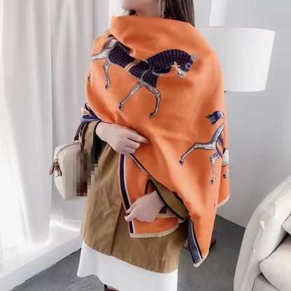 Luxury Women Limited Edition Horse Design Cashmere Touch Scarf - Warm Fringe Shawl