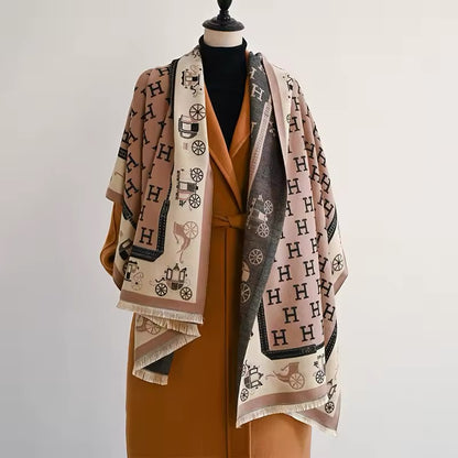 Luxury Women Limited Edition Horse Design Cashmere Touch Scarf - Warm Fringe Shawl