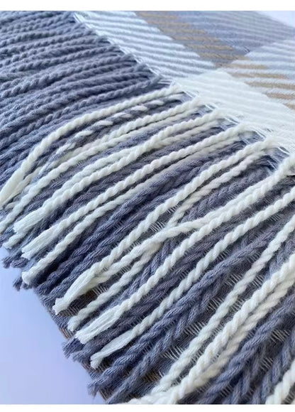 Men & Women Checked Pattern Cashmere Touch Scarf - Warm Fringe Shawl