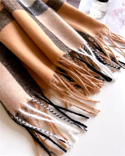 Men & Women Checked Pattern Cashmere Touch Scarf - Warm Fringe Shawl