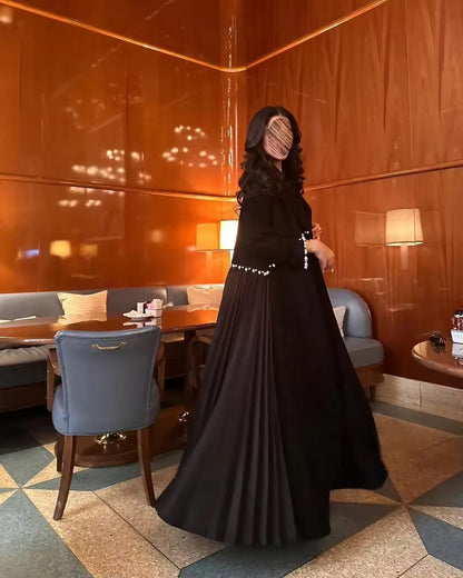 Pearl Women Split Abaya Cardigan Pleated Long Dress Kaftan Robe Open Front Jalabiya