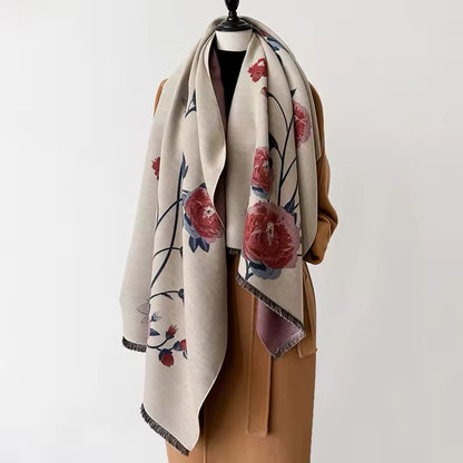 Luxury Women Floral Cashmere Touch Flower Scarf - Warm Fringe Shawl