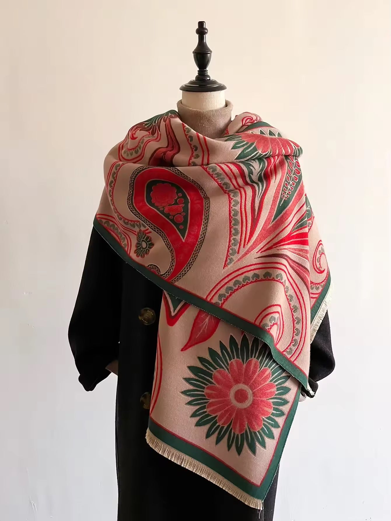 Luxury Women Floral Cashmere Touch Flower Scarf - Warm Fringe Shawl