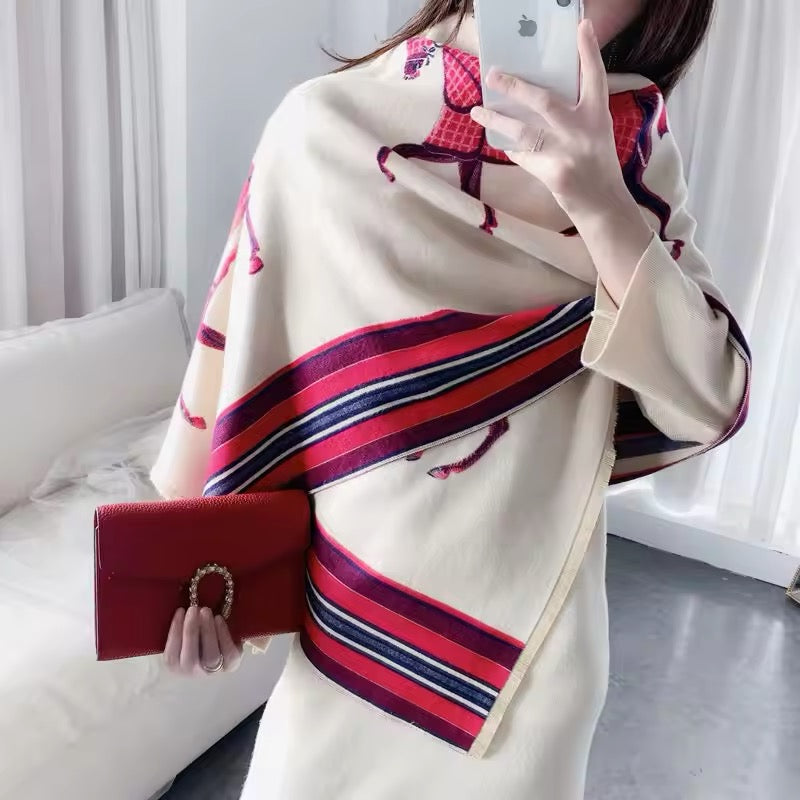 Luxury Women Limited Edition Horse Design Cashmere Touch Scarf - Warm Fringe Shawl