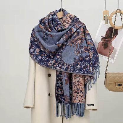 Luxury Women Classic Pashmina Double Sided Cashmere Touch Scarf - Warm Fringe Women Floral Shawl