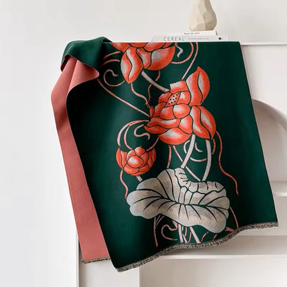 Luxury Women Floral Cashmere Touch Flower Scarf - Warm Fringe Shawl