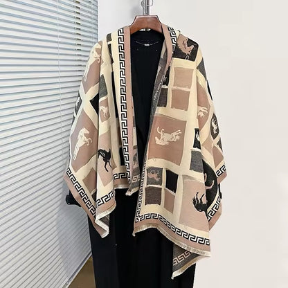 Luxury Women Limited Edition Horse Design Cashmere Touch Scarf - Warm Fringe Shawl