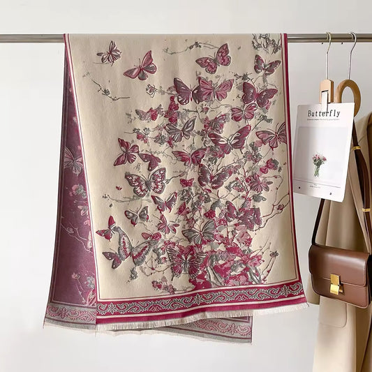 Luxury Women Floral Cashmere Touch Double Sided Butterfly Scarf - Warm Fringe Shawl