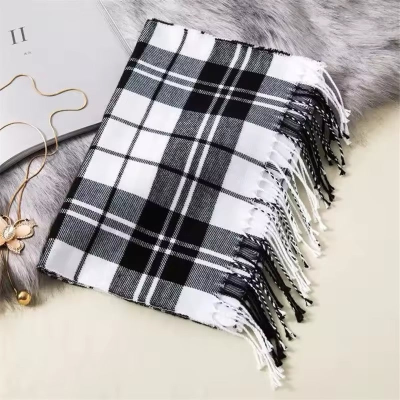 Men &  Women Checked Pattern Cashmere Touch Scarf - Warm Fringe Shawl