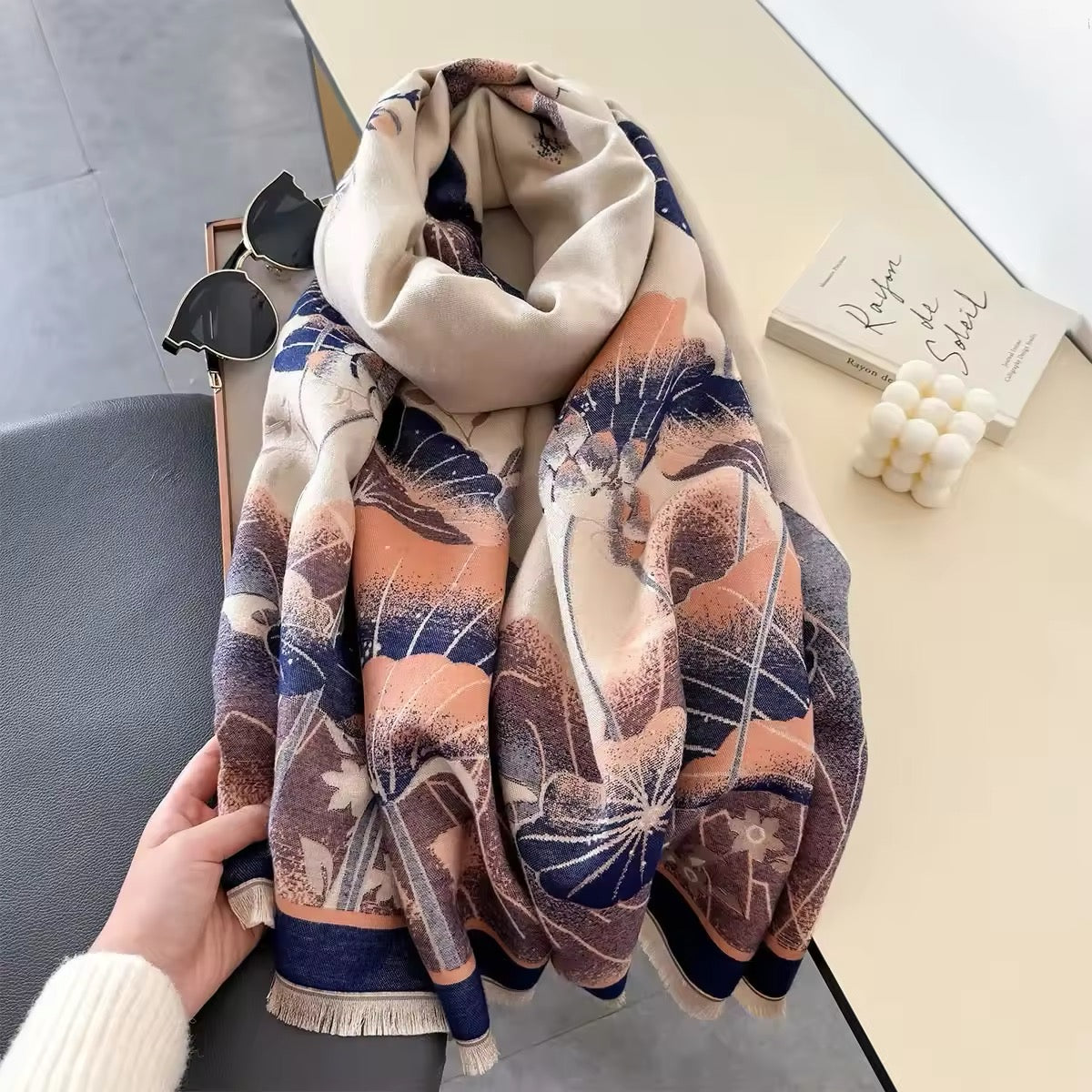 Luxury Women Floral Cashmere Touch Landscape Scarf - Warm Fringe Shawl