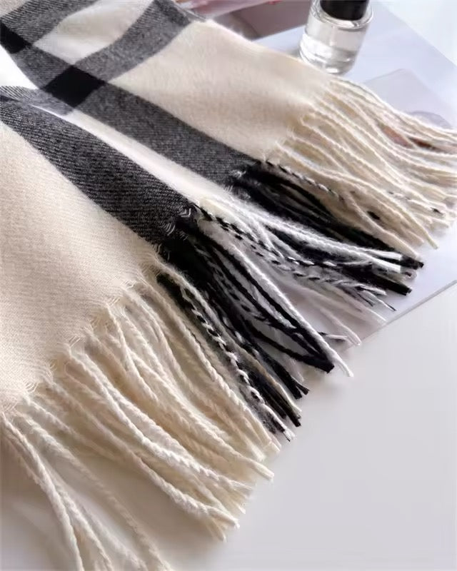 Men & Women Checked Pattern Cashmere Touch Scarf - Warm Fringe Shawl