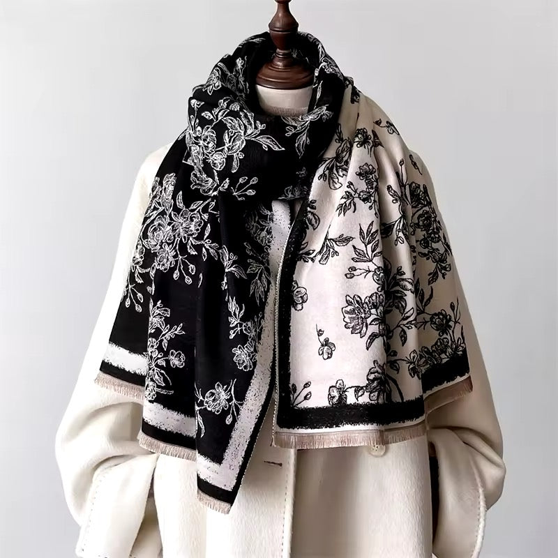 New Luxury Women Floral Double Sided Cashmere Touch Scarf - Warm Fringe Pashmina Shawl Bufanda UK