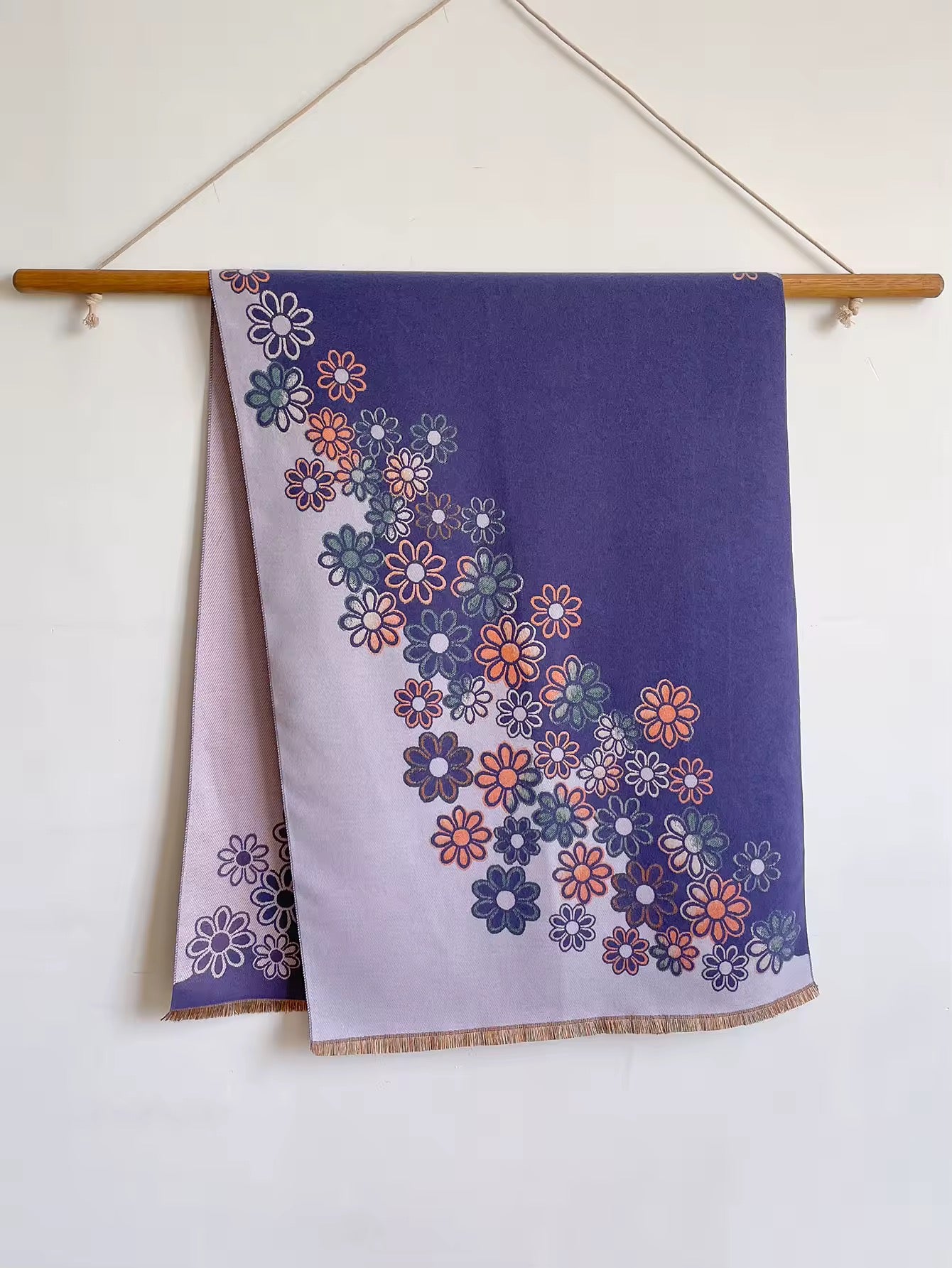 Luxury Women Floral Cashmere Touch Flower Scarf - Warm Fringe Shawl