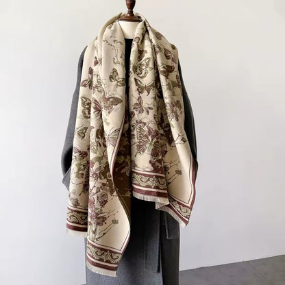 Luxury Women Floral Cashmere Touch Double Sided Butterfly Scarf - Warm Fringe Shawl
