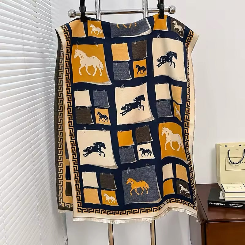 Luxury Women Limited Edition Horse Design Cashmere Touch Scarf - Warm Fringe Shawl