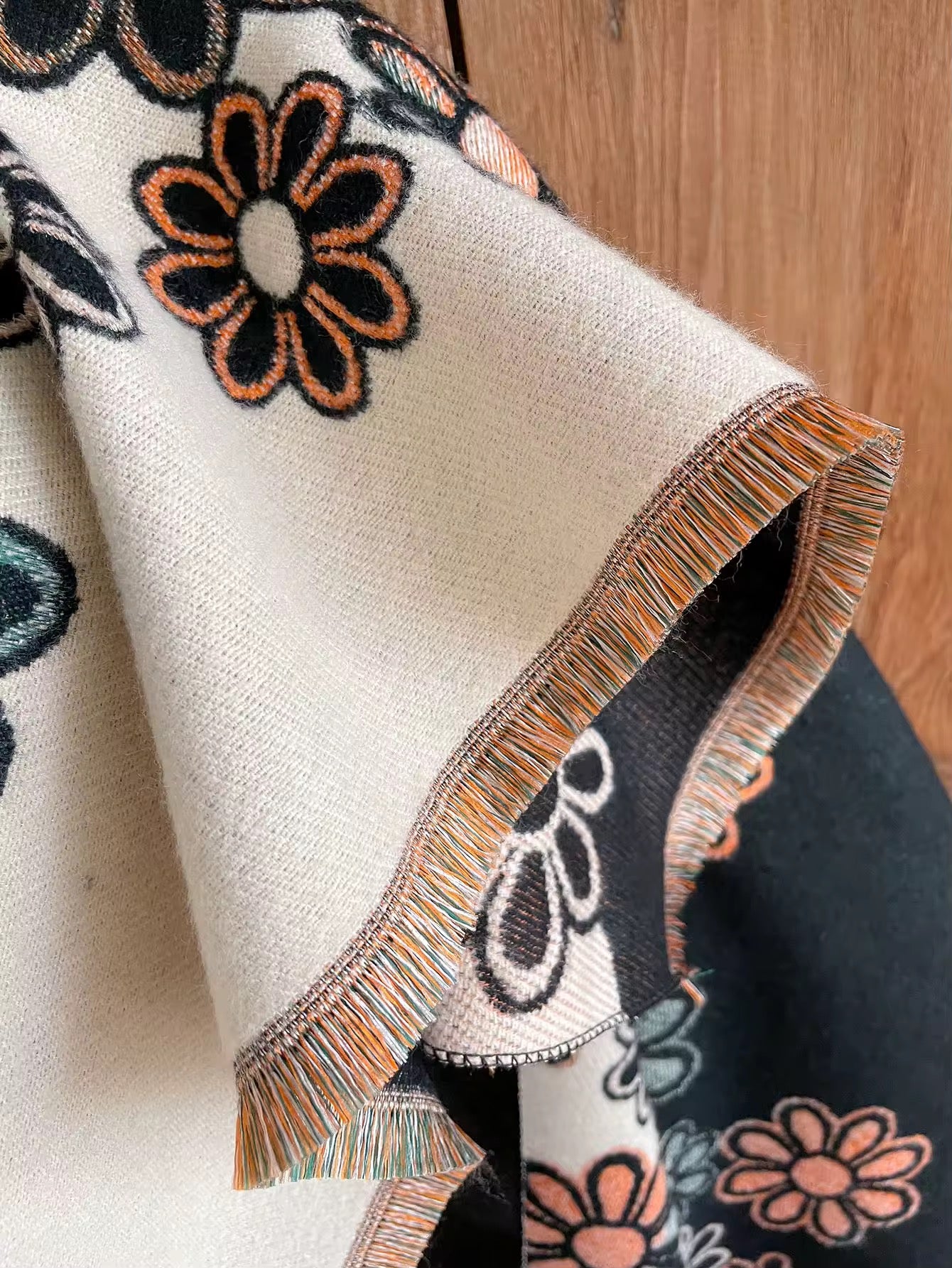 Luxury Women Floral Cashmere Touch Flower Scarf - Warm Fringe Shawl
